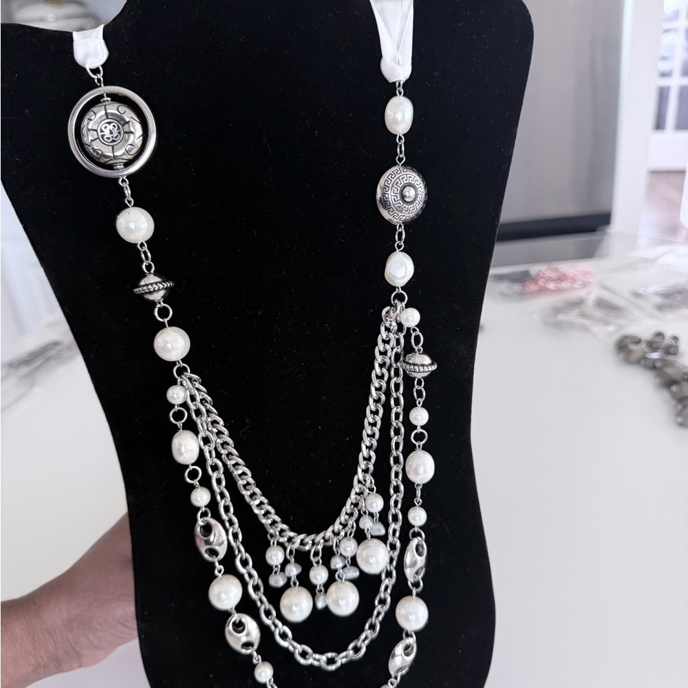 Silver Pearl Multi-Strand Fashion Necklace